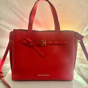 Michael Kors Red Leather Satchel with Buckle Accent